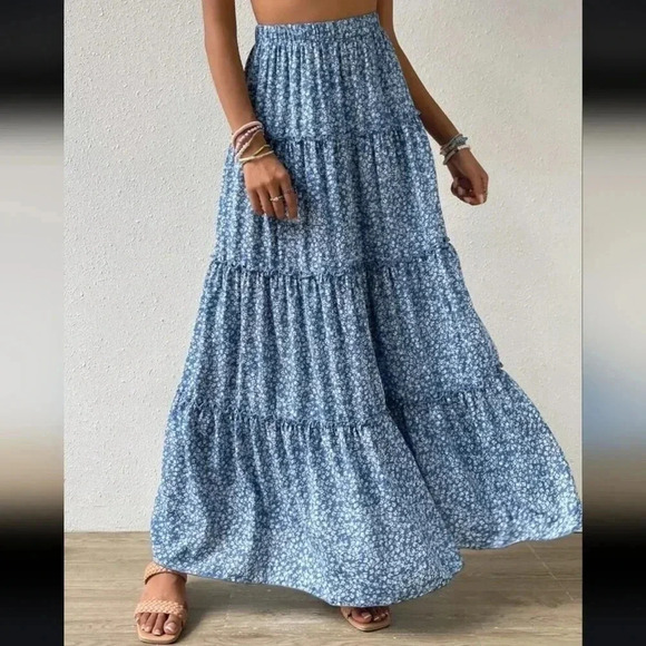 Ditsy Floral Print Frill Trim Summer Beach Ruched Skirt - Picture 3 of 6